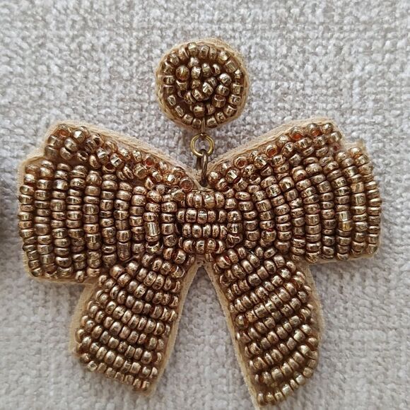 Gold Beaded Bow Pierced Drop Earrings - Picture 3 of 8